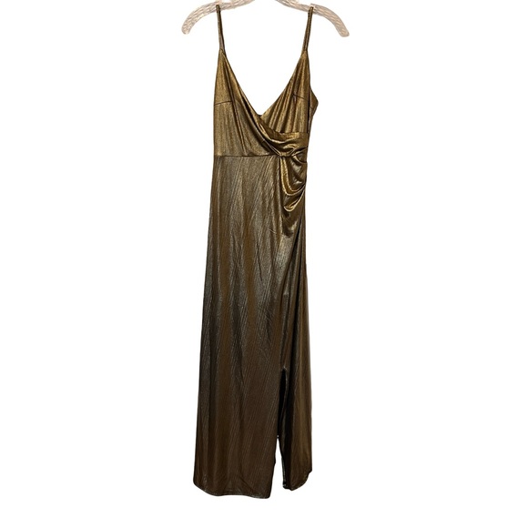 Forever 21 Gold Metallic Slip Maxi Dress S Draped Cowl Neck Satin Shine Evening - Picture 3 of 6